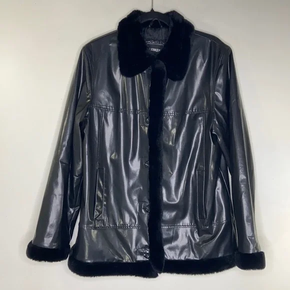Outbrook | Y2K black vinyl and faux fur aviator jacket Size L - Picture 1 of 9